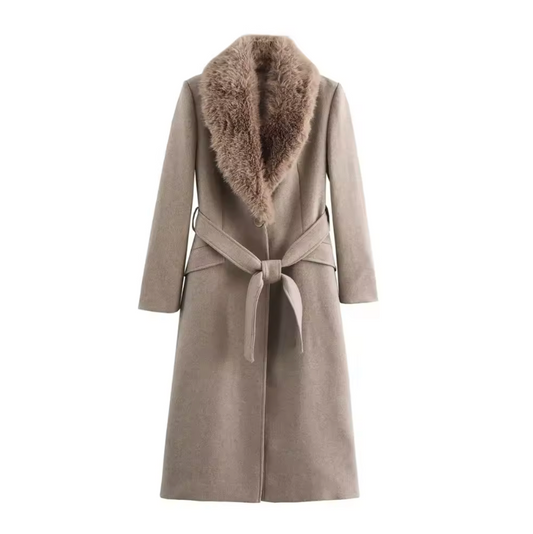 Wollen jas met faux-fur kraag - taupe
