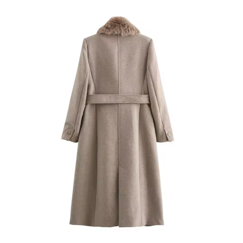 Wollen jas met faux-fur kraag - taupe