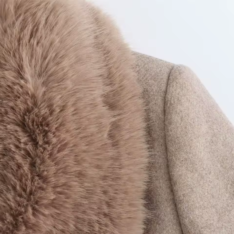 Wollen jas met faux-fur kraag - taupe